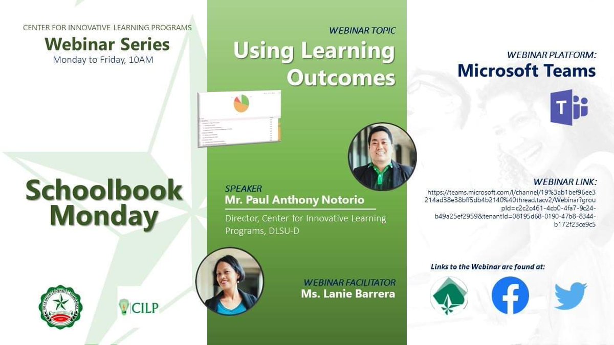 DLSUD_CILP's tweet photo. CILP Webinar series: Using Learning Outcomes in Schoolbook (NEO LMS). https://t.co/KHxibCA2AE