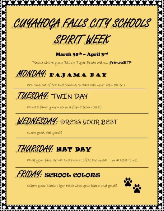 cf_rubino's tweet photo. Our "virtual" Spirit Week starts Monday! This is a great way to connect with each other. I miss my students and want to see all of you! So, snap a pic and add the hashtag:  #remotebtp https://t.co/weRKsJhxWt