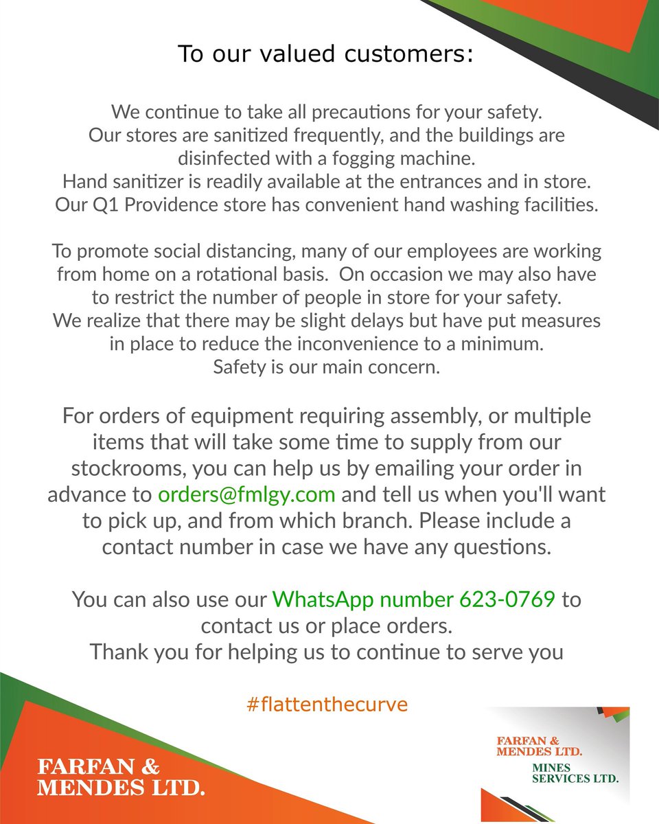 GroupFarfan's tweet photo. What we are doing to play our part in keeping our customers and employees safe during this time #flattenthecurve #covid_19 #minesservices #farfanandmendesgroup #guyana🇬🇾 https://t.co/ytwSg7256Q