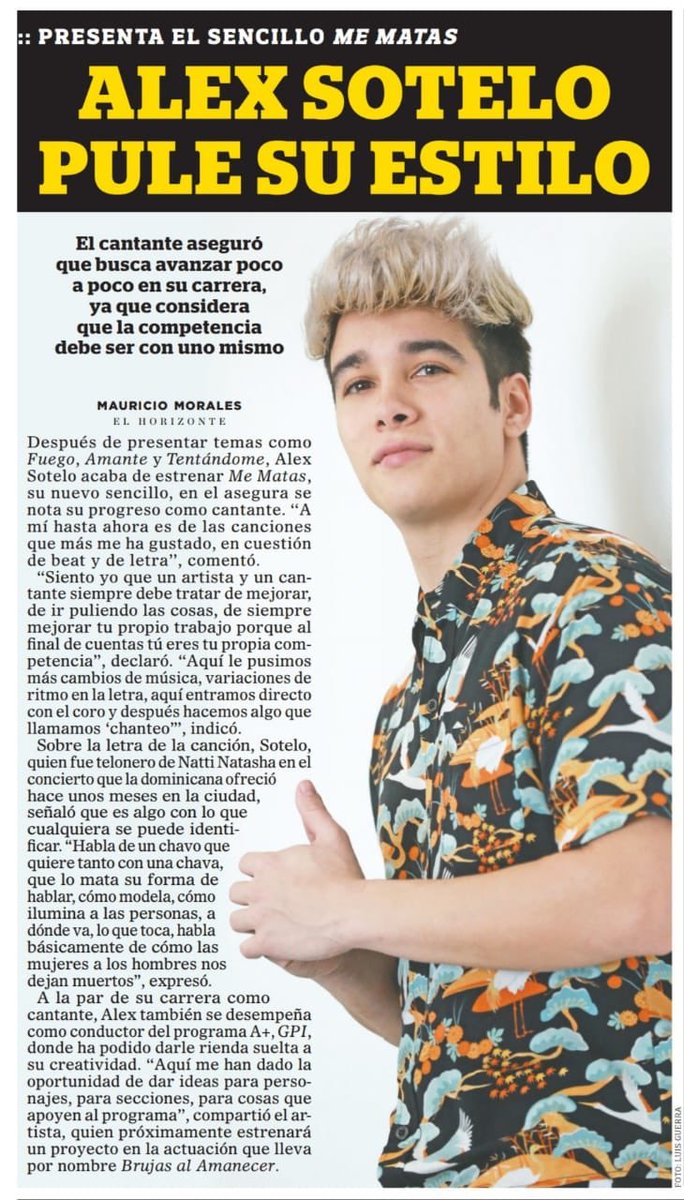 AlexSoteIo's tweet photo. Gracias al periódico @ElHorizontemx por la nota sobre mi nuevo sencillo “Me Matas” y sobretodo gracias a ustede!! Vamos constituyendo poco a poco. #AgradecidoConDios 🙏 #HaciendoMúsicaConElCorazón 🐺🔥 https://t.co/RSzoNMboF6
