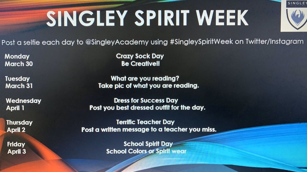 @SingleyAcademy @SingleyECHS don’t forget our virtual spirit week starts tomorrow!! #SingleyStrong #SingleySpiritWeek @IrvingISD @brichteach @DrJarethaJordan