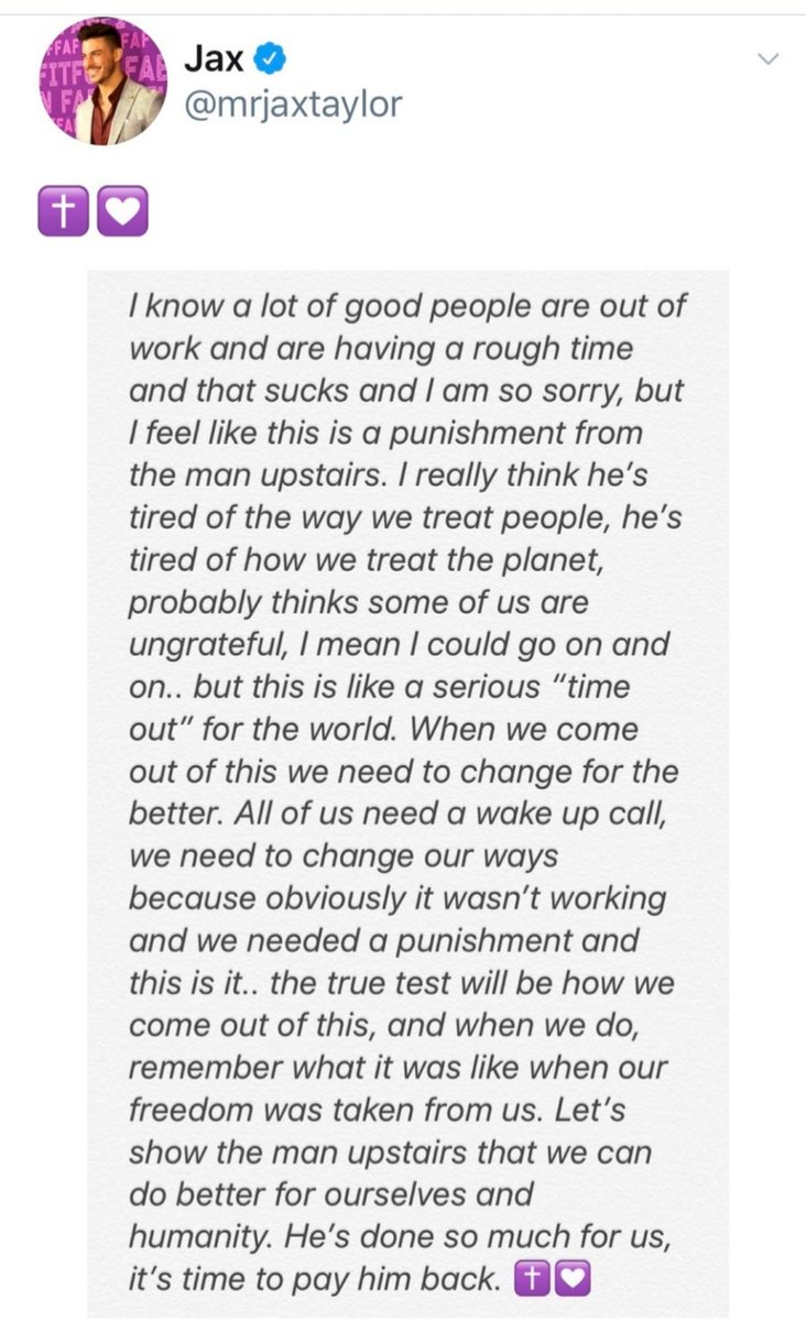 mmmcintyre's tweet photo. Friends, I dont know about you, but I am sick of Jax and his faux Christianity. Not only is it a total lie and laughable, it is epically hypocritical. 
Let's start a thread of all the anti-Christian things Jax has done. 
I'll start:
Abortion
Stealing 
Cheating 
#PumpRules https://t.co/ji2fviGy8V
