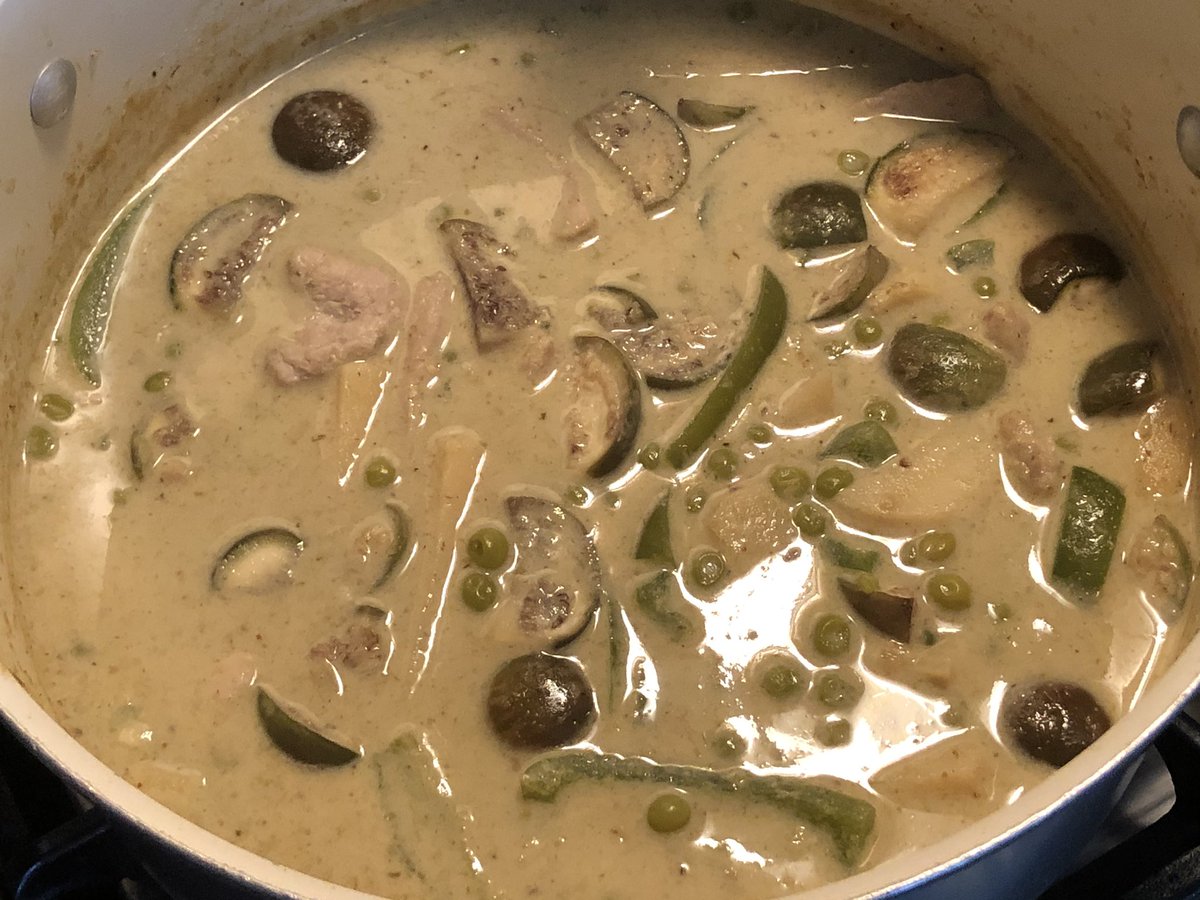 Self-isolation recipe 3: Thai green curry. Spicier than intended, but thankfully saved by canned bamboo shoots, truckload of peas, Vietnamese eggplants (cà pháo) and bag o’ bell peppers.