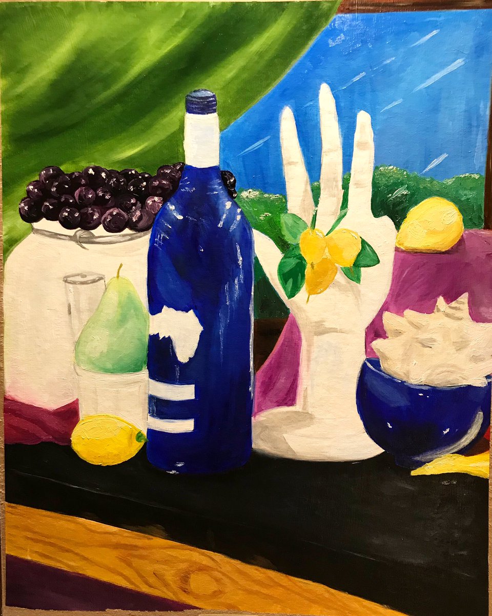 Still life painting 1 #art #grcc #painting #watersolubleoils #oilpainting #palletproject #stilllife #window #hand #bluebottle #grapes #shell #bowl #greencurtain #🤷🏼‍♀️ #🎨