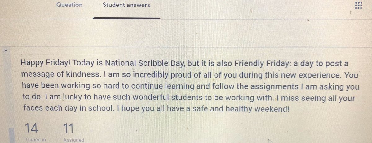 Miss_Willison's tweet photo. Late to post, but with approaching week 3 of being remote it was extremely uplifting to reflect on my students’ reactions to “Friendly Friday” 🤗💕 So grateful for my kiddos and missing them more and more 👩🏼🏫 #FridayThoughts #JustKeepTeaching #BetterTogether #LalorPride https://t.co/x4Xgw7erEM