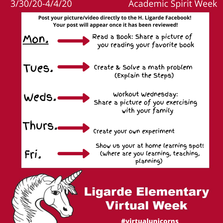 ligardelisd's tweet photo. Good evening unicorns! We are so impressed with your participation in last week's virtual spirit week that we are holding a second virtual spirit week: all about academics! Please post your picture/video straight to this Facebook page. It will appear as soon as it is reviewed. https://t.co/tQQnzVyjPp