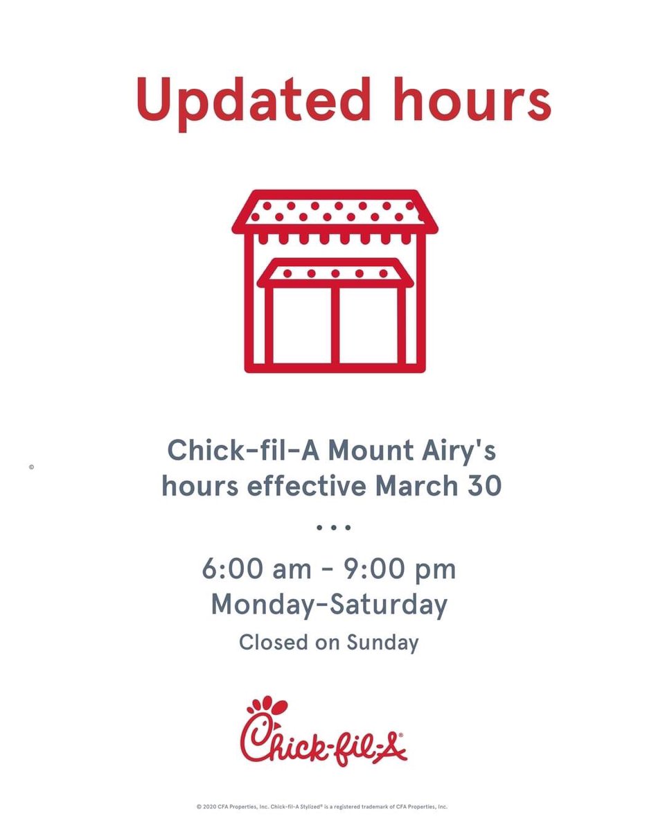 mountairyCFA's tweet photo. Updated hours effective Monday, March 30, 2020. https://t.co/7JUMNIHH05