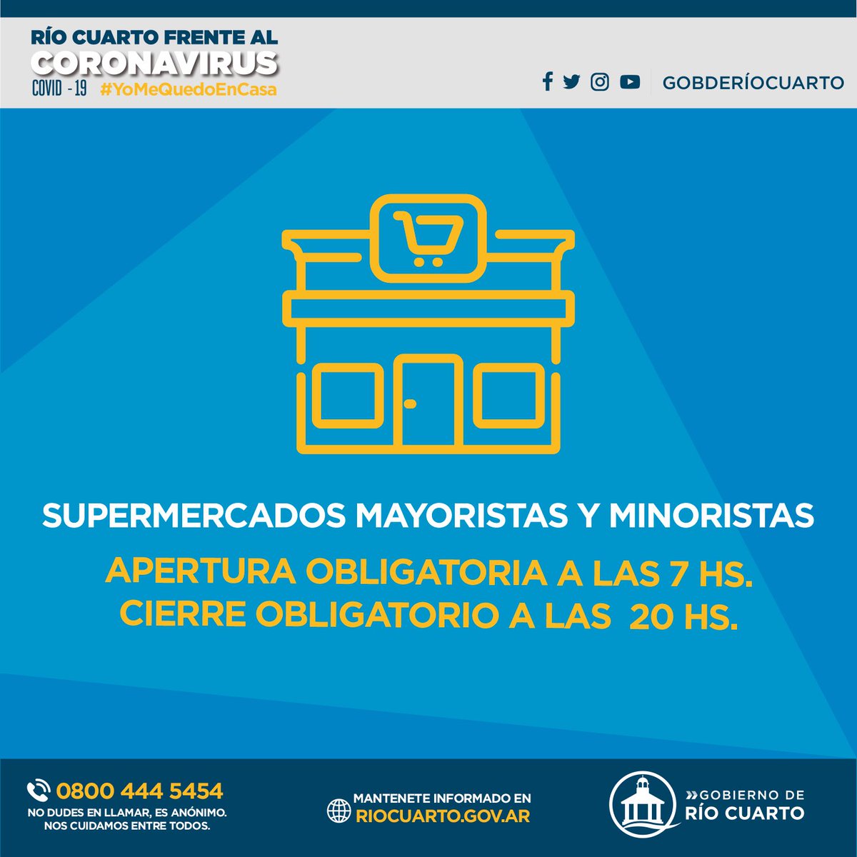 gobderiocuarto's tweet photo. 📣 ¡Atención! 👉🏻 Estos son los horarios obligatorios de apertura y cierre de los comercios. 

⚠️ Sí conoces alguno que no cumpla la medida, avisanos al 📞 0800 444 5454. Es anónimo. 

#YoMeQuedoEnCasa 🏡 https://t.co/p4oK8LoVdn