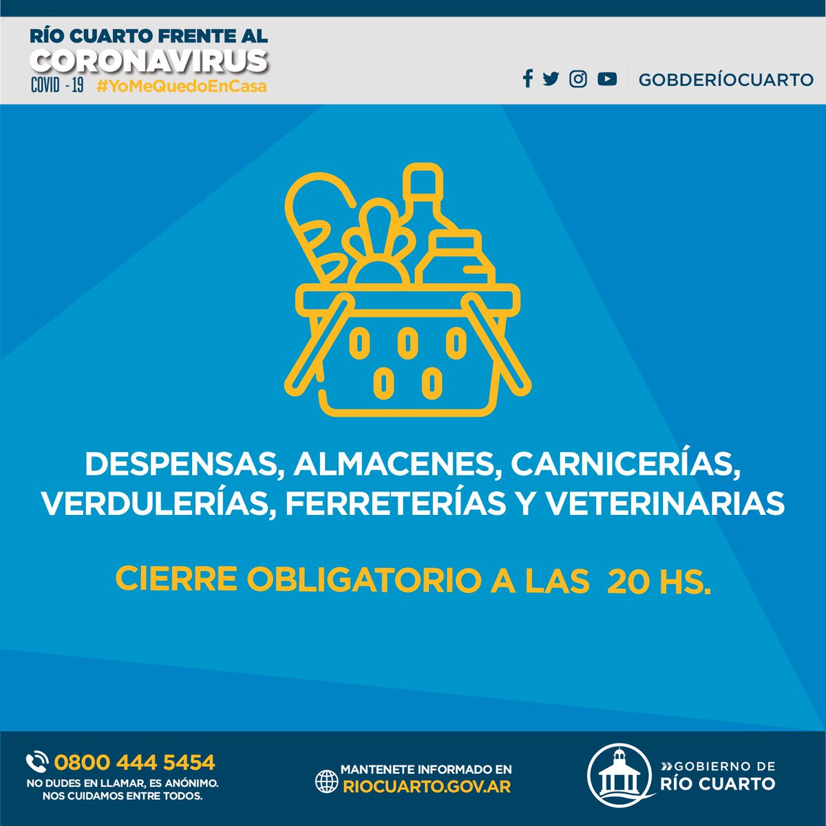 gobderiocuarto's tweet photo. 📣 ¡Atención! 👉🏻 Estos son los horarios obligatorios de apertura y cierre de los comercios. 

⚠️ Sí conoces alguno que no cumpla la medida, avisanos al 📞 0800 444 5454. Es anónimo. 

#YoMeQuedoEnCasa 🏡 https://t.co/p4oK8LoVdn