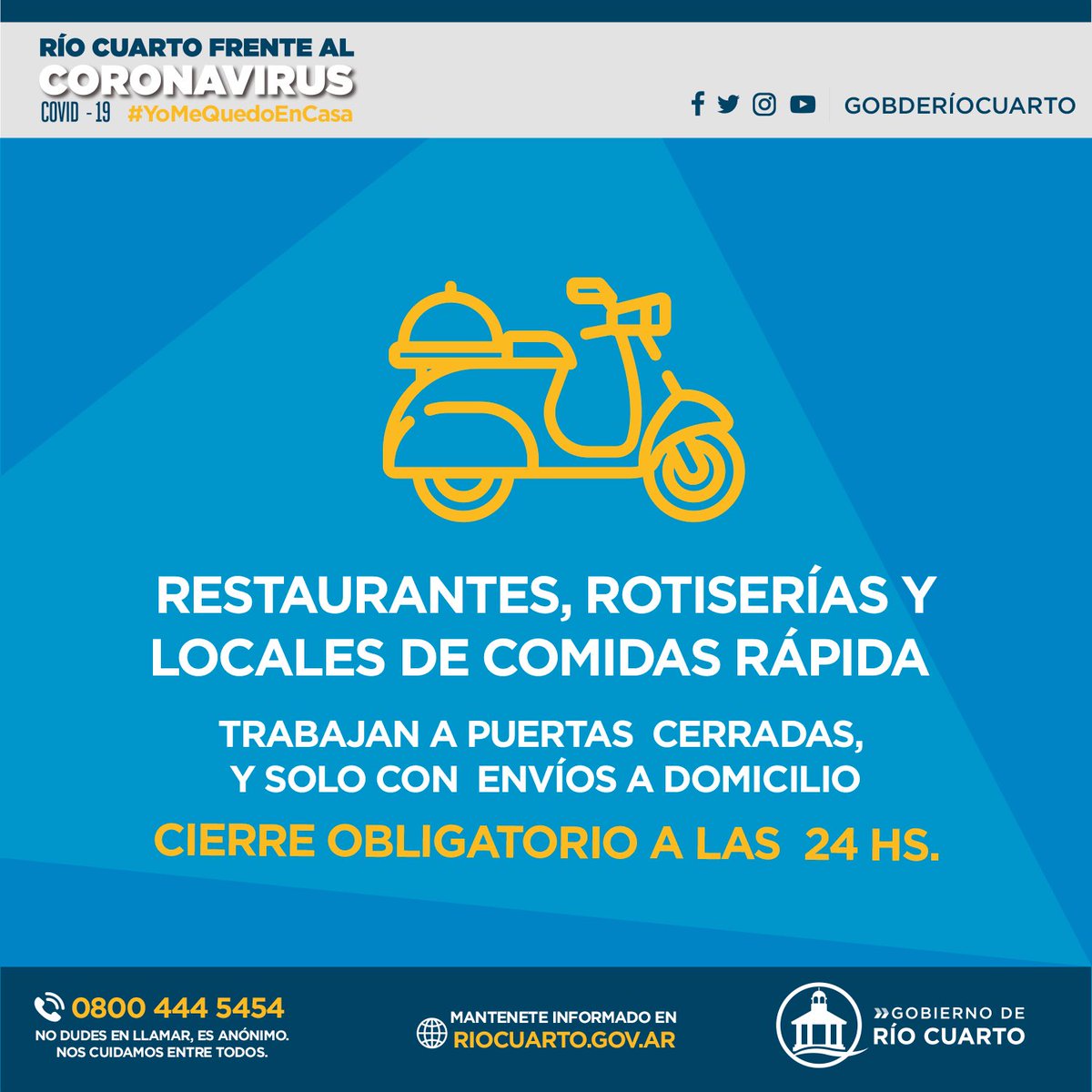 gobderiocuarto's tweet photo. 📣 ¡Atención! 👉🏻 Estos son los horarios obligatorios de apertura y cierre de los comercios. 

⚠️ Sí conoces alguno que no cumpla la medida, avisanos al 📞 0800 444 5454. Es anónimo. 

#YoMeQuedoEnCasa 🏡 https://t.co/p4oK8LoVdn
