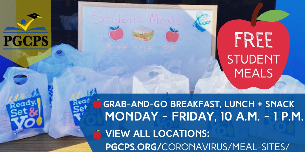 pgcps's tweet photo. Ten new elementary school sites will be open for grab-and-go meals starting tomorrow! 

New sites include Bradbury Heights, Brandywine, Carrollton, Glassmanor, Hollywood, James McHenry, Ridgecrest, Riverdale, Robert Frost and Woodridge. 

▶️ Site List: https://t.co/lx368RZuZv https://t.co/dHKxBHogDY
