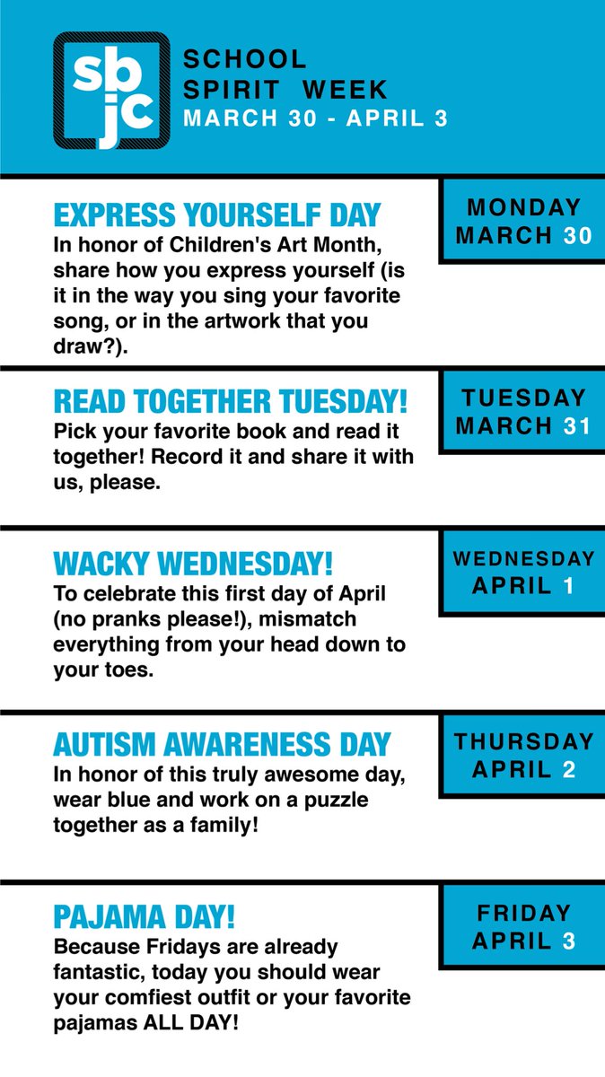 wearetheSBJC's tweet photo. Hey SBJC! It’s time to put a little pep in those distance learning steps. We’ll be celebrating school spirit week virtually, starting tomorrow with Express Yourself Day. #wearethesbjc https://t.co/1JPfweIpI8