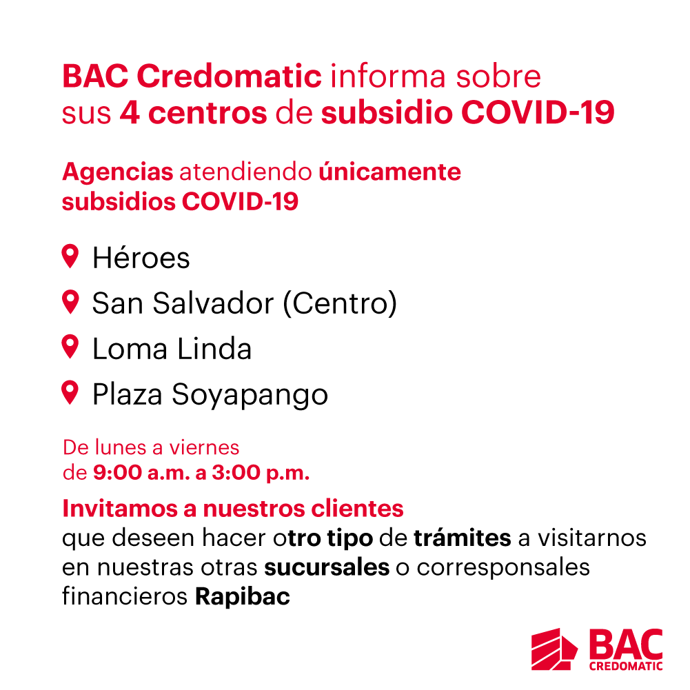 BACCredomaticSV's tweet photo. #BACCredomatic informa que las agencias: Héroes, Centro, Loma Linda y Plaza Soyapango estarán atendiendo exclusivamente beneficiados de COVID-19.
Para hacer cualquier otro trámite nos pueden visitar en nuestras otras sucursales o corresponsales #Rapibac: https://t.co/aaI3L2iNxY https://t.co/f1InNa9peq
