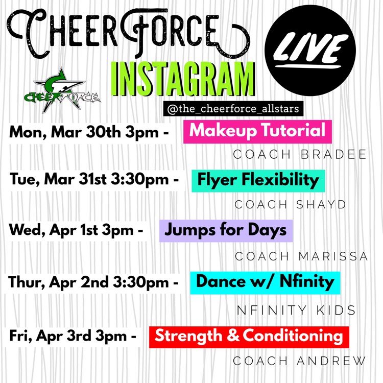 CheerForceCA's tweet image. Back by popular request!! Let’s get your INSTAGRAM LIVE on again CheerForce Nation! #onenationundergreen #greengang #quarantinelife😷