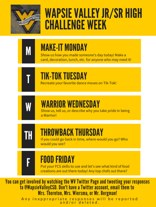 This week, WV is challenging students and staff to get involved in some different ways! Each day, we'll be posting a tweet for you to respond to with the week's challenges!  

Also, don't forget food bags tomorrow morning (8am) &amp; parade Wednesday! #wemissu
shorturl.at/AFNXY