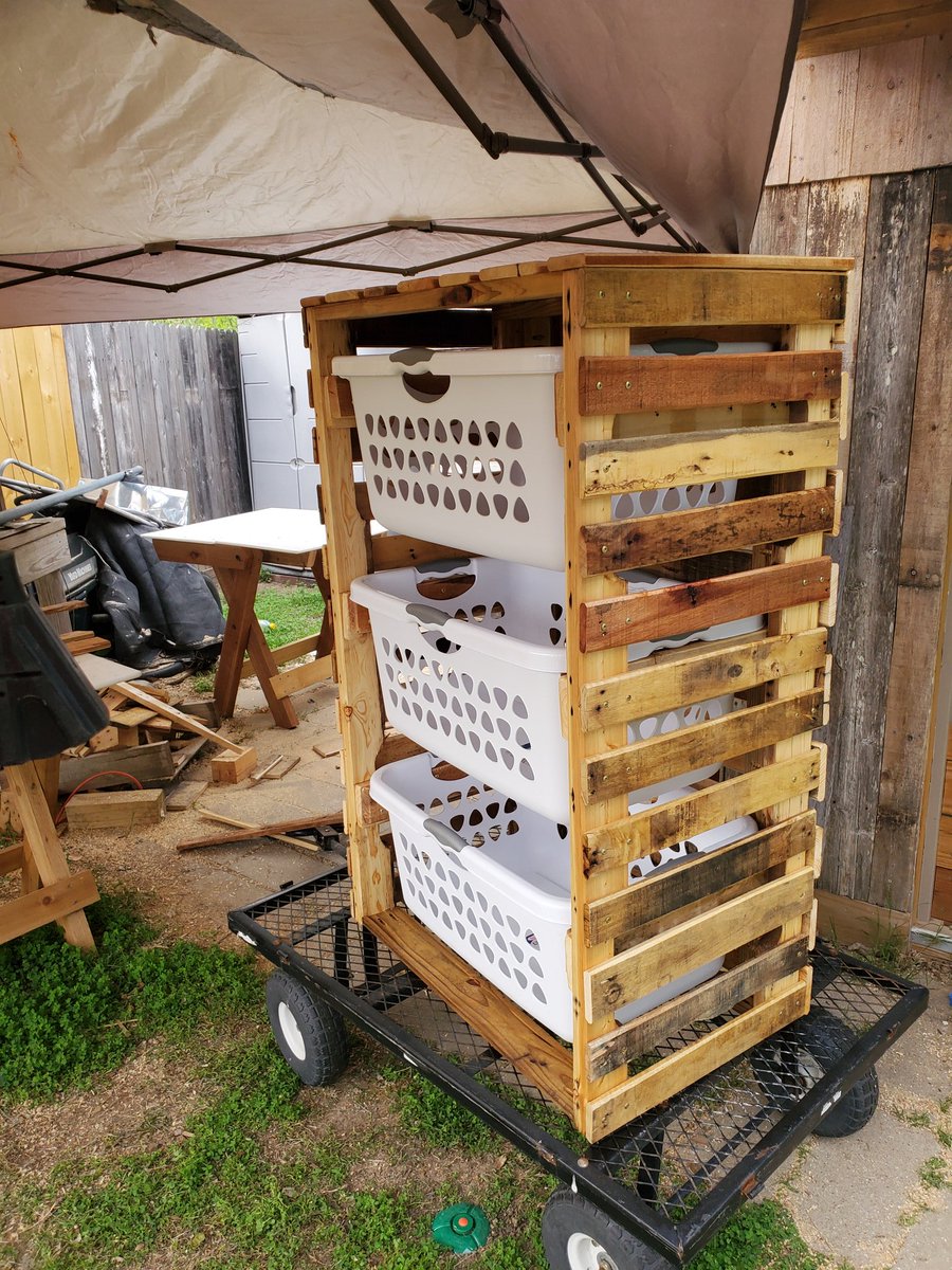 Drod003's tweet photo. This is the project I did this weekend!  Vanessa wanted a laundry sorter, so I made one from pallets. https://t.co/RVZiYqnkvo