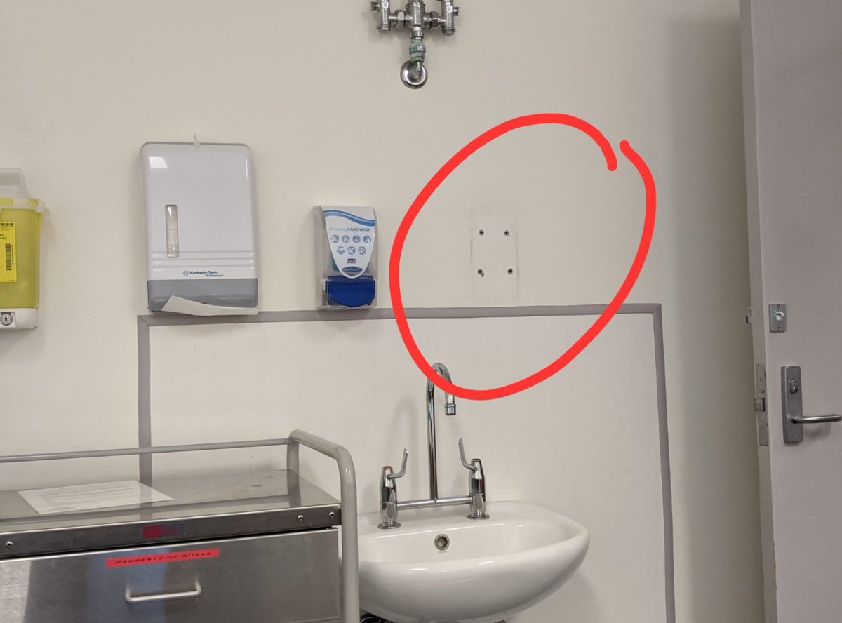 timbo_phillips's tweet photo. Hand sanitizer pump seems to have fallen off the wall in the clinic room over the weekend.... and walked away. Crisis really brings out people's true personality doesn't it. https://t.co/pJg1WYJoKT