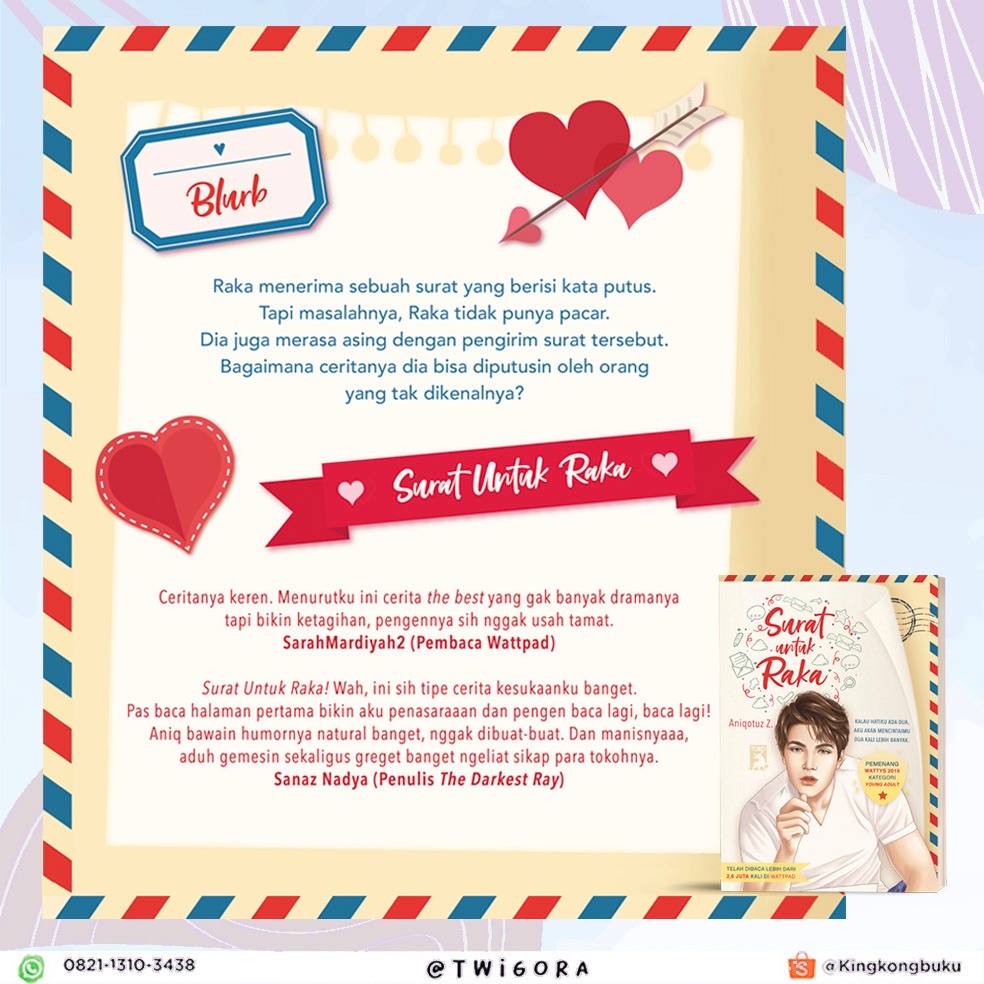 TWIGORA's tweet photo. Preorder SURAT UNTUK RAKA sudah dibuka dari minggu lalu lho! 

Yuk langsung aja meluncur ke @kingkongbuku di Shopee~ ✨
#SURATUNTUKRAKA
[Telah dibaca lebih dari 2,6 juta kali di Wattpad. Pemenang Wattys 2019 kategori Young Adult] https://t.co/6DXZ8KZ94u