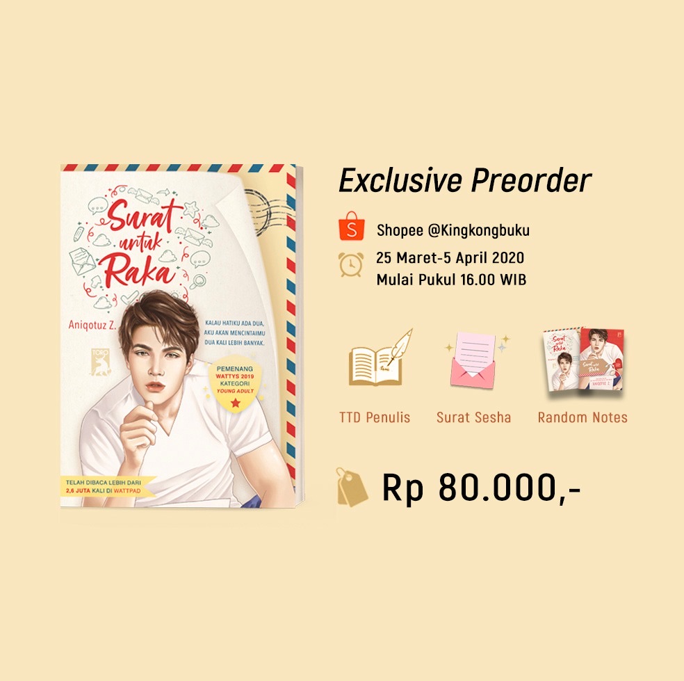 TWIGORA's tweet photo. Preorder SURAT UNTUK RAKA sudah dibuka dari minggu lalu lho! 

Yuk langsung aja meluncur ke @kingkongbuku di Shopee~ ✨
#SURATUNTUKRAKA
[Telah dibaca lebih dari 2,6 juta kali di Wattpad. Pemenang Wattys 2019 kategori Young Adult] https://t.co/6DXZ8KZ94u