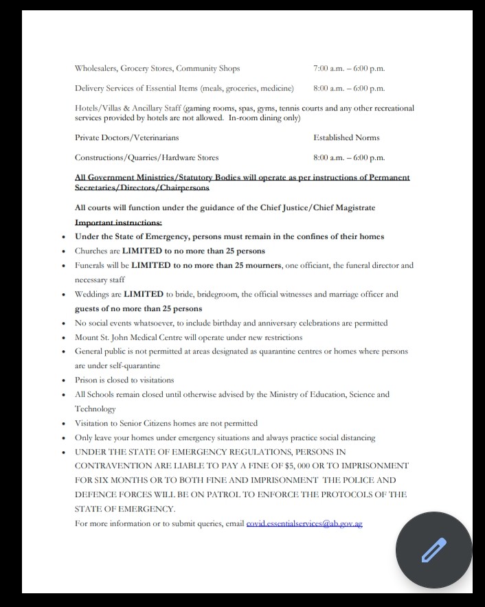 #FYI 

State of Emergency guidelines and hours of operation....please take note so as to not run afoul of the law. Continue to practice social distancing, wash hands frequently with soap and water, and stay home during curfew hours.
