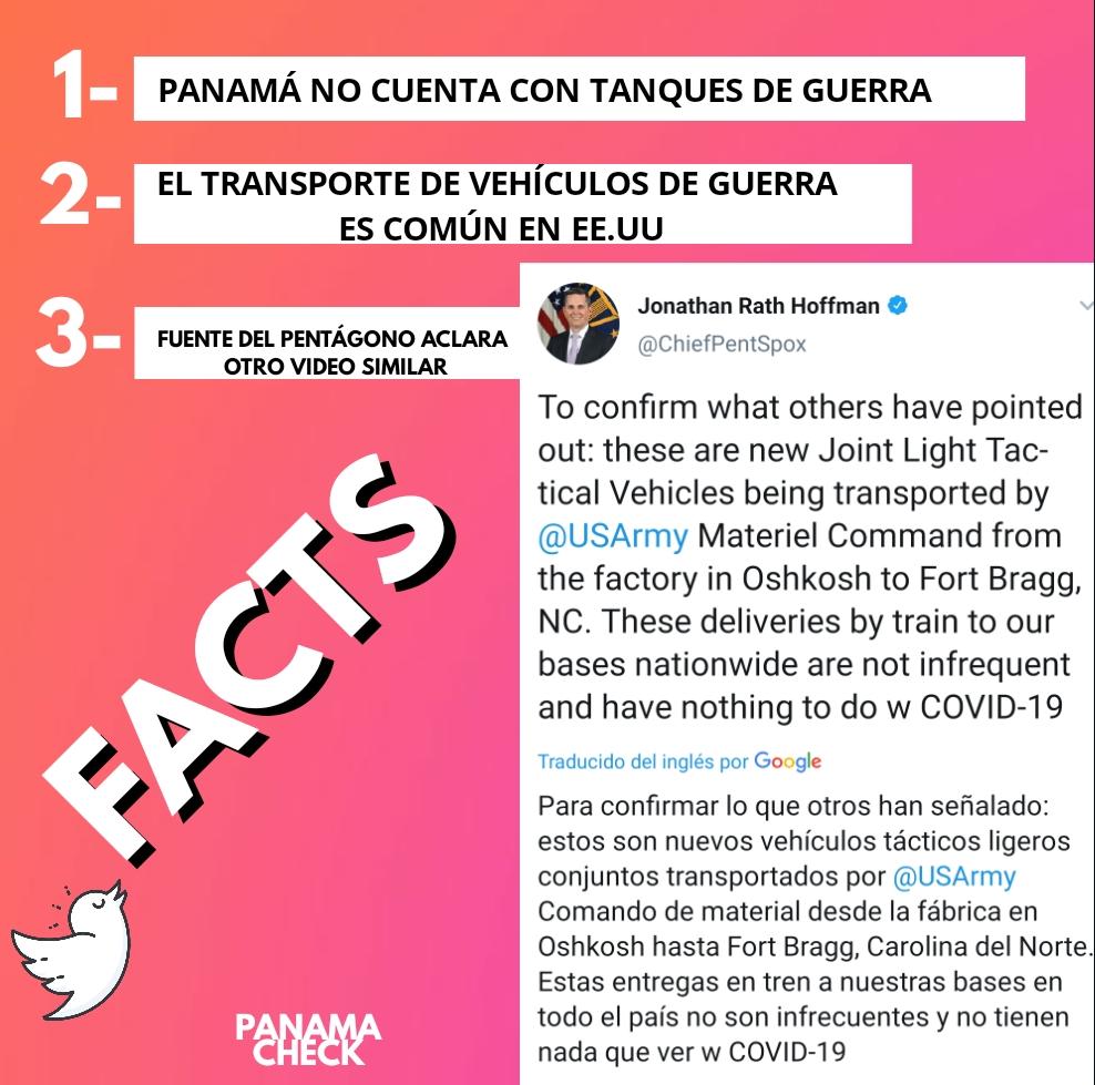 PanamaCheck's tweet photo. Sometimos este video que anda corriendo en whatsapp "Supuestamente en Albrook" a un #PanamaCheck y tenemos que el hecho no ocurrió en Panamá #FakeNewsPTY🚫 se trata de transporte de rutina de vehículos del ejército realizado en EEUU🇺🇲 https://t.co/9wrtEdO5Gy