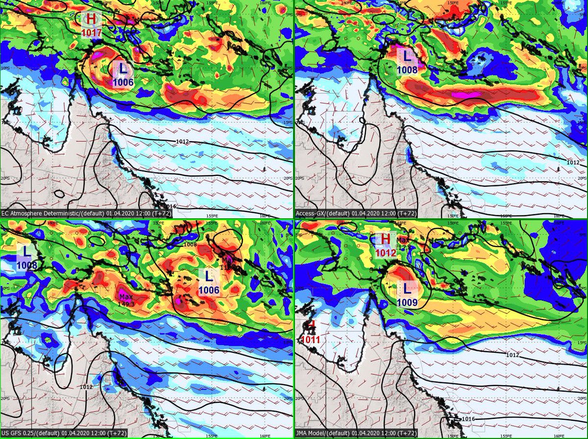 BOM_Qld's tweet photo. A tropical low may deepen about the NW Coral Sea in the next few days, the following weather models show significant variation in the position and strength of the low. It is not forecast to have any impact on the #QldCoast.
Tropical Cyclone Outlook: https://t.co/520QpwAu0h https://t.co/ha2nkvChyj