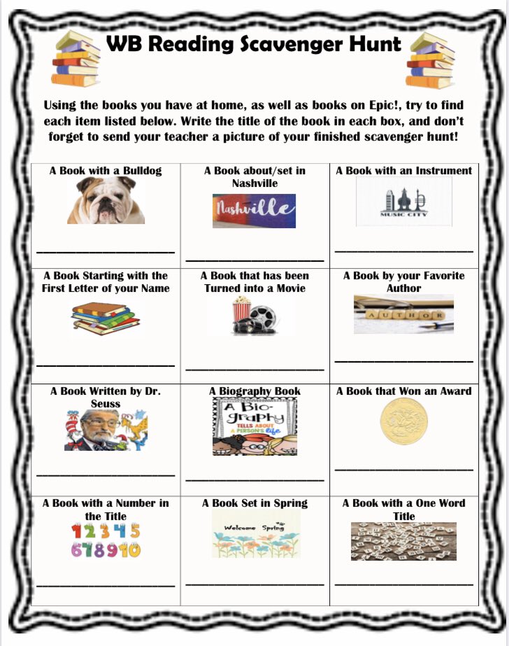 WBE_Library's tweet photo. Happy Sunday @WaverlybelPTO families! Add this Reading Scavenger Hunt to your plans this week! Take a photo of your child reading and tag us! We’d love to see you! Thanks @WBMsMorton for creating this! @MNPSLibraries @_SBlankenship #WBReads https://t.co/zvwi4mhuIV