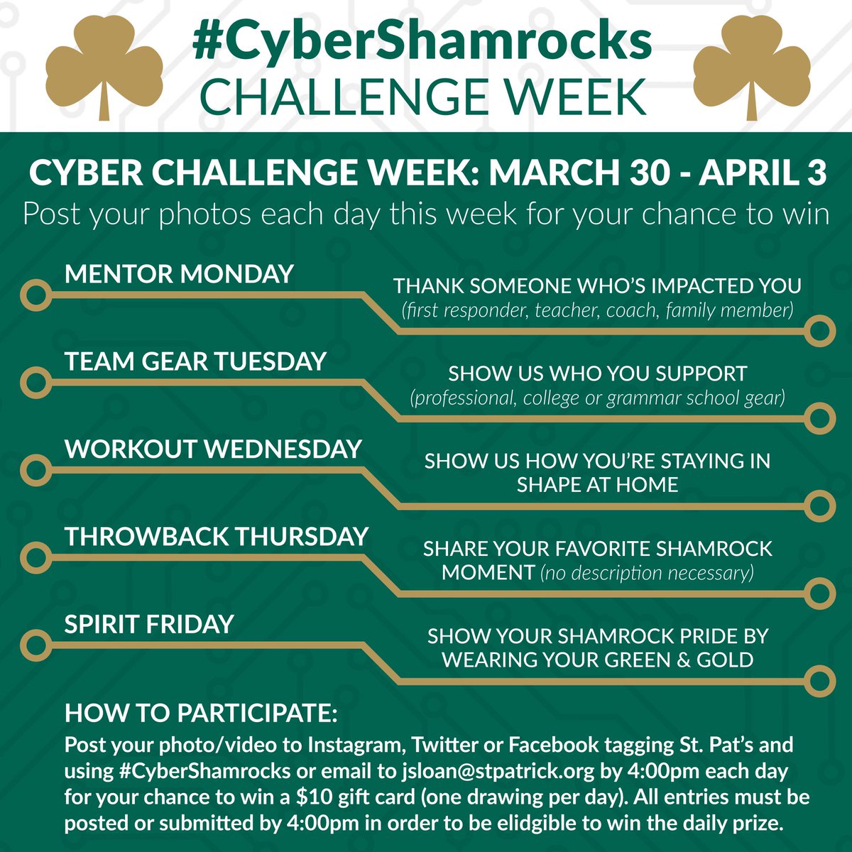 SaintPatrickHS's tweet photo. Shamrocks, let’s come together for #CyberShamrocks Challenge Week! Post your video/photo, tag @SaintPatrickHS and use #CyberShamrocks or email Ms. Sloan at jsloan@stpatrick.org for a chance to win a $10 gift card each day! #ShamrockPride #gorocks https://t.co/2A1VdfwCJc