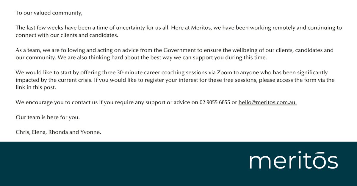 MeritosGroup's tweet photo. Our team is here for you.

We are offering three 30-minute career coaching sessions to anyone who has been significantly impacted by the current crisis. Please register your interest for these free sessions at https://t.co/GrAdLVtTtQ.

#careeradvice #support #careercoaching https://t.co/1JGSE4caLa