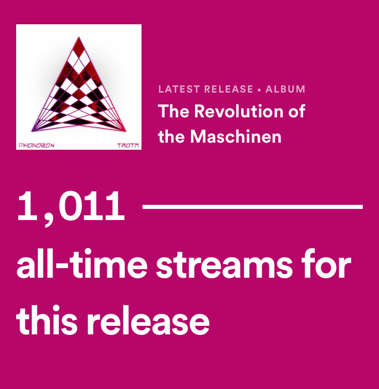 We proudly share with all of you our first accomplished milestone: The Revolution of The Maschinen got 1k streams on Spotify! Thanks for all your support! Which is your favorite song so far? Keep safe, we love you all!