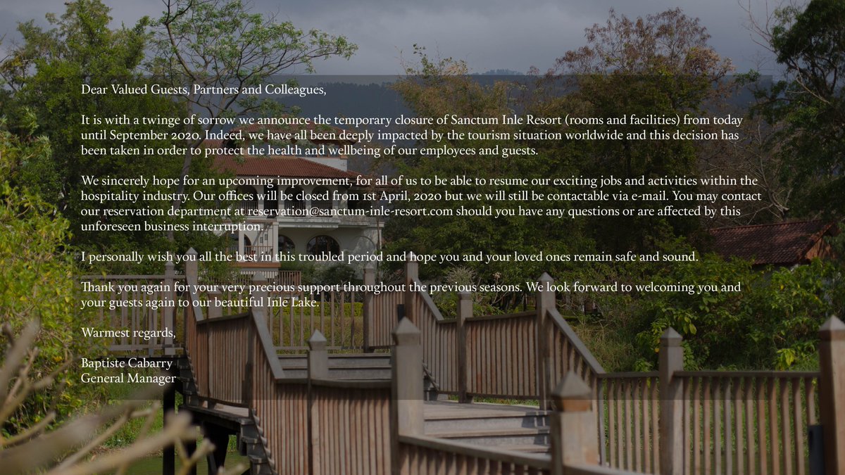 Dear Valued Guests, Partners and Colleagues,

It is with a twinge of sorrow we announce the temporary closure of #SanctumInleResort (rooms and facilities) from today until September 2020. 

#temporaryclosure #coronavirus #Covid_19 #inlelake