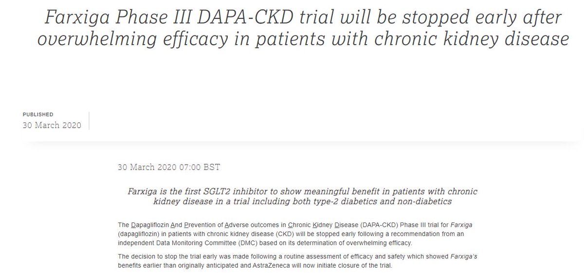 GideonHealth's tweet photo. CREDENCE (canagliflozin) also stopped early for showing benefit, dapagliflozin is now the second antidiabetic drug to show benefit in a renal outcomes trial.

$AZN dapagliflozin has shown this effect in CKD irrespective of diabetes, as expected, SGLT-2s showing a class effect https://t.co/Tb0T9LgMp0
