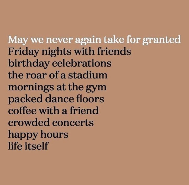 itsnoemidip's tweet photo. #aspettavi
il venerdì sera con gli amici👫👭
Le feste di compleanno 🎊🎁
I cori allo stadio🏟️🔊
Le mattine in palestra 🏋🏽‍♀️
Piste da ballo piene di gente 💃🏽🕺🏽
Un caffè con un amico☕
Concerti affollati 🎶
Gli aperitivi 🍸
E la vita ❤
#imperfetti
#scritturebrevi 
#SBLAb2020 https://t.co/3bcEISdiCv