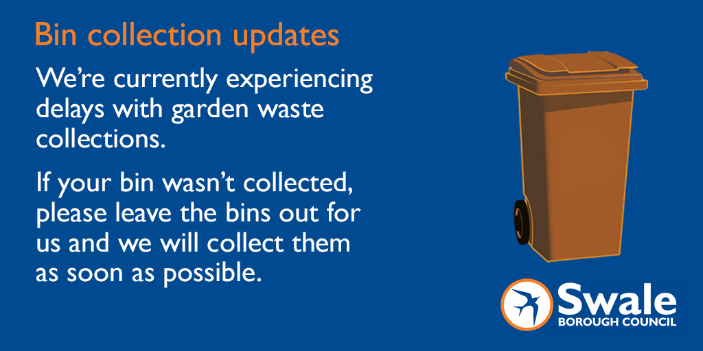 SwaleCouncil's tweet photo. Our crews caught up on the general waste &amp; recycling collections at the weekend. These have been prioritised so if yours wasn't collected please leave it out
There are delays with garden waste collections, if your bin wasn't collected, please leave it out to be collected https://t.co/sChiguItj3