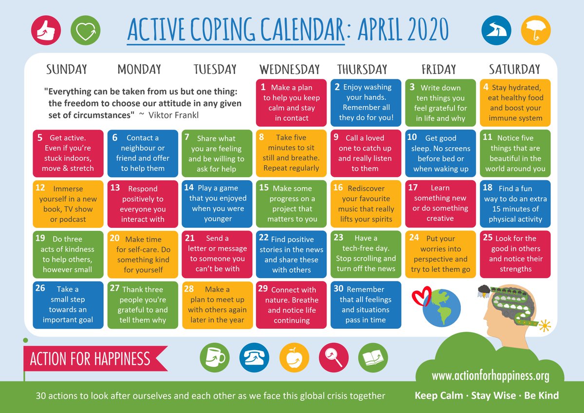 Let's look for positive ways to look after ourselves and each other as we face this crisis together 🌎💞

Join us for 'Active Coping April' and find ways to keep calm, stay wise &amp; be kind. Please help spread the word 🙏

actionforhappiness.org/active-coping-… #ActiveCopingApril