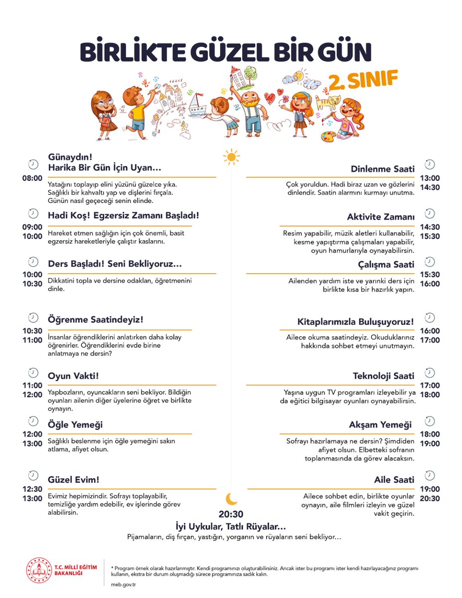 ziyaselcuk's tweet photo. Çocuklarımızın evde geçirdikleri vakti planladık ve sınıflara göre örnek bir program oluşturduk. Bu programı kullanabilir ya da kendi programınızı oluşturabilirsiniz. Mühim olan hazırladığınız plana sadık kalarak günü verimli kılmak için çabalamak. https://t.co/8t5uzVClmo