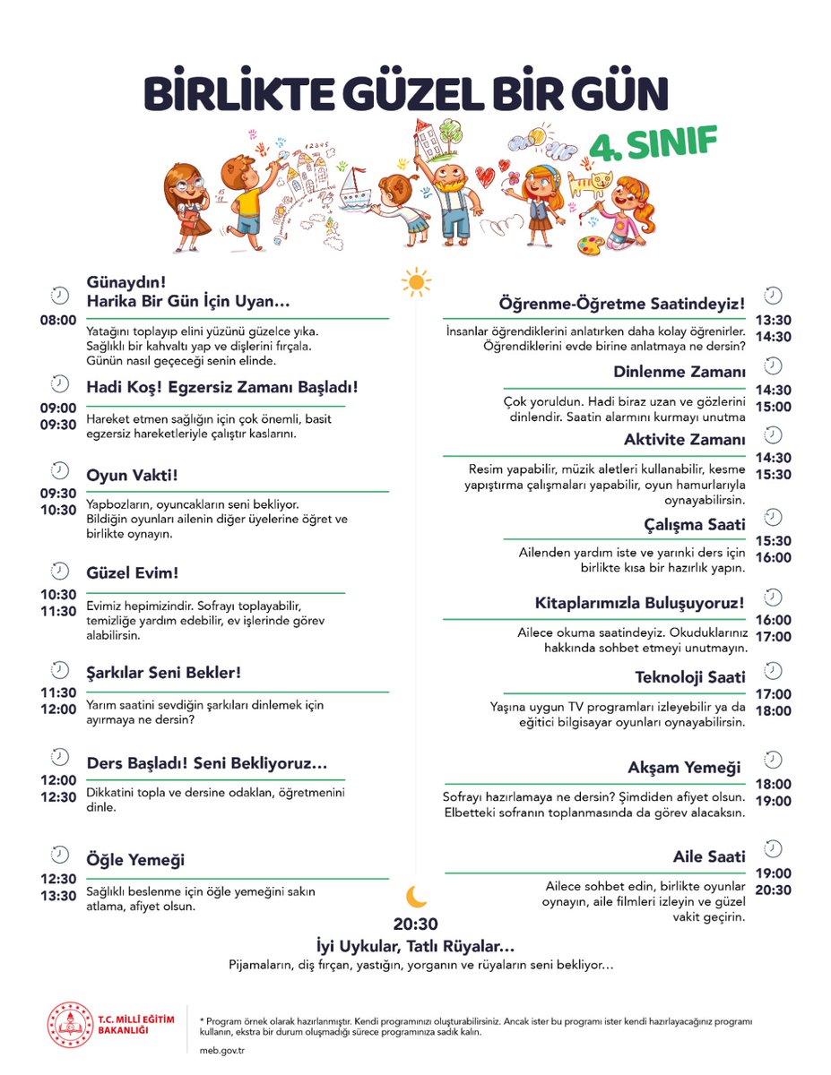 Çocuklarımızın evde geçirdikleri vakti planladık ve sınıflara göre örnek bir program oluşturduk. Bu programı kullanabilir ya da kendi programınızı oluşturabilirsiniz. Mühim olan hazırladığınız plana sadık kalarak günü verimli kılmak için çabalamak.