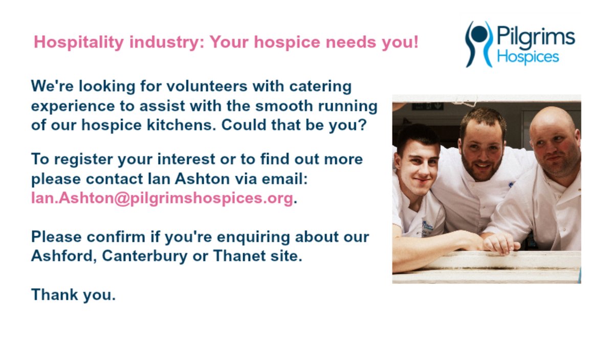 Your hospice needs YOU! If you've got catering experience, we'd love you to volunteer in our kitchens <a href="/PilgrimsHospice/">Pilgrims Hospices</a> #Ashford, #Canterbury or #Thanet to assist the smooth running of catering services for patients. Email Ian.Ashton@pilgrimshospices.org to find out more. 🥗 💙