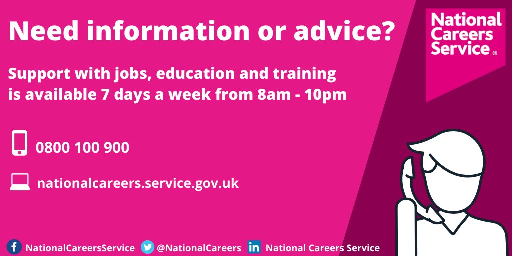 We are still available via social media, webchat and phone to support with careers, education, employment and training. Visit us online to find out more about how to get in touch - nationalcareers.service.gov.uk/contact-us