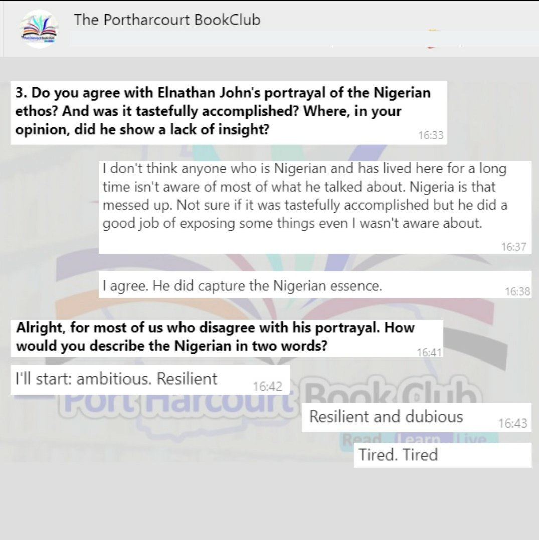 ThePhbc's tweet photo. Yesterday, we reviewed "Be(com)ing Nigerian" by @elnathan_john on our WhatsApp platform - our first WhatsApp review. Here's the highlight of how that went, if you missed it. The book received and average rating of 3.5/5. 
T1/2
#socialdistancing #stopthespread
#thephbc #botm https://t.co/f0rEiVBFBF