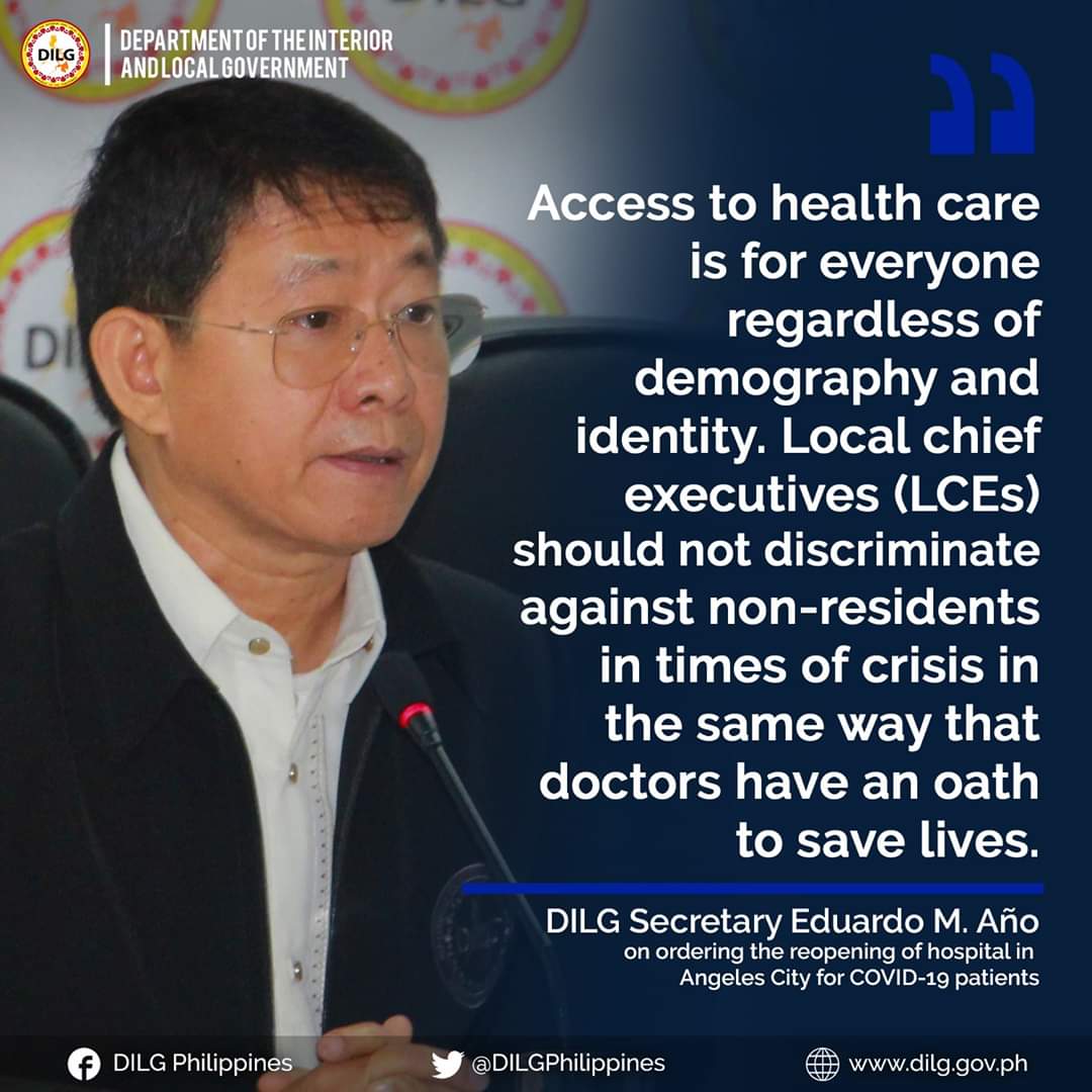 DILGPhilippines's tweet photo. DILG orders reopening of hospital in Angeles City closed by City Mayor for admitting COVID-19 patient, PUIs from Quezon City https://t.co/rdxVUiXQmg #COVID19 https://t.co/kieR3ABA9h