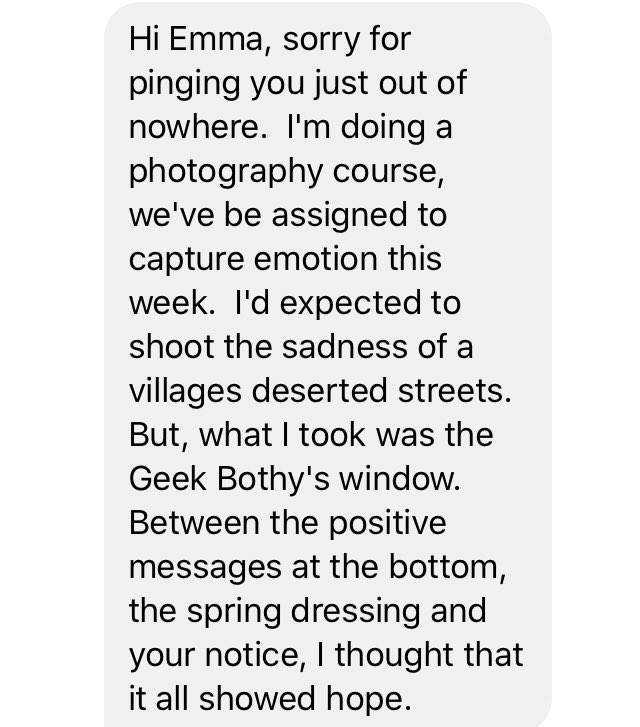 GeekBothy's tweet photo. I received this lovely message from Grant last night!  Really cheered me up and I’m glad my window display stills brings a ray of sunshine to those that pass by 💗🌈🌻🌧🐣 

#quirky #independent #awardwinning #familyrun #smallbusiness #kemnay #giftshop #seenintheshire #geekbothy https://t.co/w7SZQ5wgGj