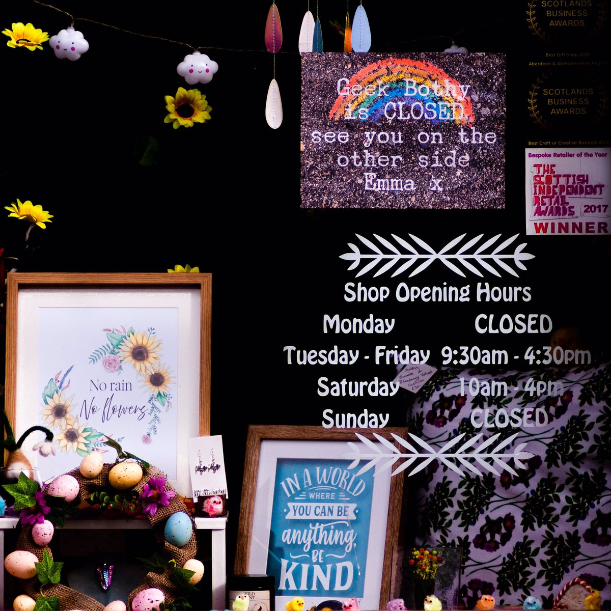 GeekBothy's tweet photo. I received this lovely message from Grant last night!  Really cheered me up and I’m glad my window display stills brings a ray of sunshine to those that pass by 💗🌈🌻🌧🐣 

#quirky #independent #awardwinning #familyrun #smallbusiness #kemnay #giftshop #seenintheshire #geekbothy https://t.co/w7SZQ5wgGj