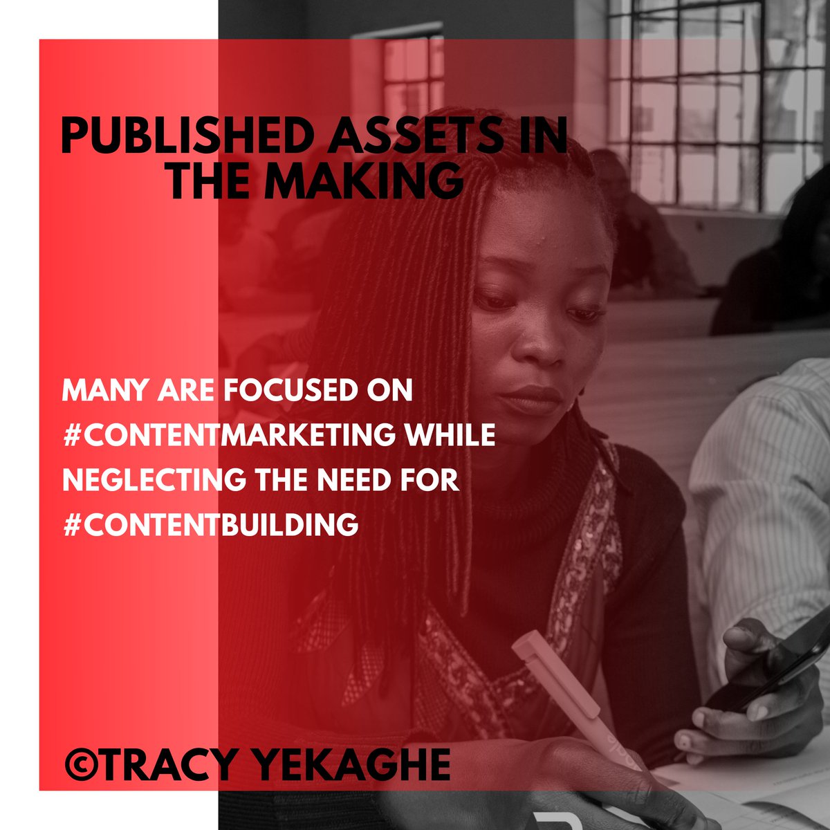 TracyYeks's tweet photo. PUBLISHED ASSETS IN THE MAKING
Many are focused on #ContentMarketing while neglecting the need for #ContentBuilding
Make no mistakes
Until we make ourselves or what we do not just available but also needed
to the extent of being in high demand... https://t.co/XlgwE2Sn48
