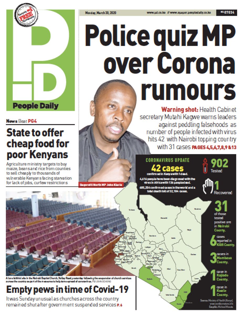 K24Tv's tweet image. #TalkToPD: Health CS Mutahi Kagwe warns leaders against peddling falsehoods, as number of people infected with #COVID19 in Kenya hits 42.