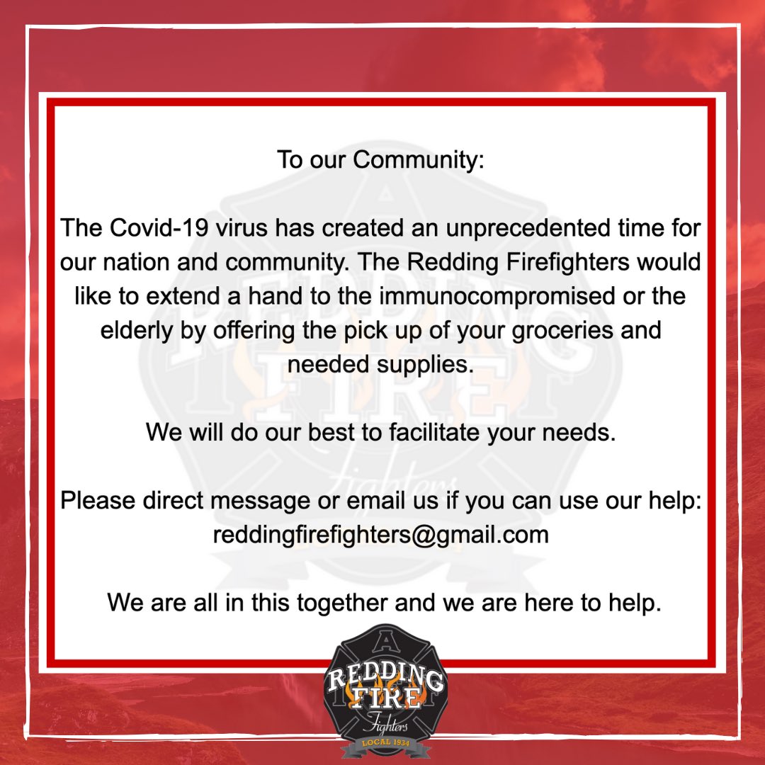 reddingff_1934's tweet photo. Helping by lending a hand. #flattenthecurve #stayhome #reddingfirefighters https://t.co/BieuL8erTR