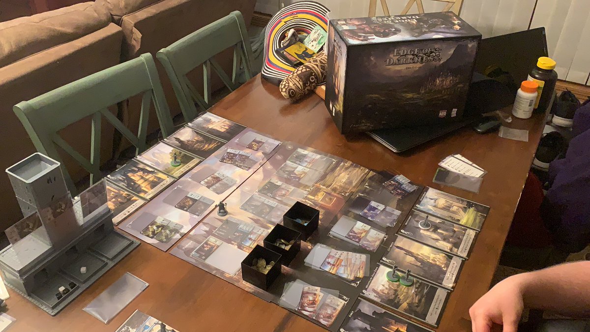 Goodboardugly's tweet photo. Cube tower and card crafting while quarantined! Learning Edge of Darkness with @WilliamJSallen . @alderac https://t.co/SpVpTtwM09