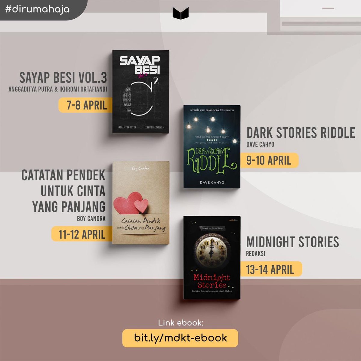 dsuperboy's tweet photo. Ada dua ebook saya dan enam ebook penulis @mediakita lain yang bisa kamu sedot gratis dan resmi. 

Silakan sedot ebook sesuai tanggal bebas-nya. Jangan lupa RT twit ini biar yang lain kebagian. Tetap #dirumahaja, ya. 

https://t.co/fgafdX2vaj https://t.co/wfCYFYPDeL
