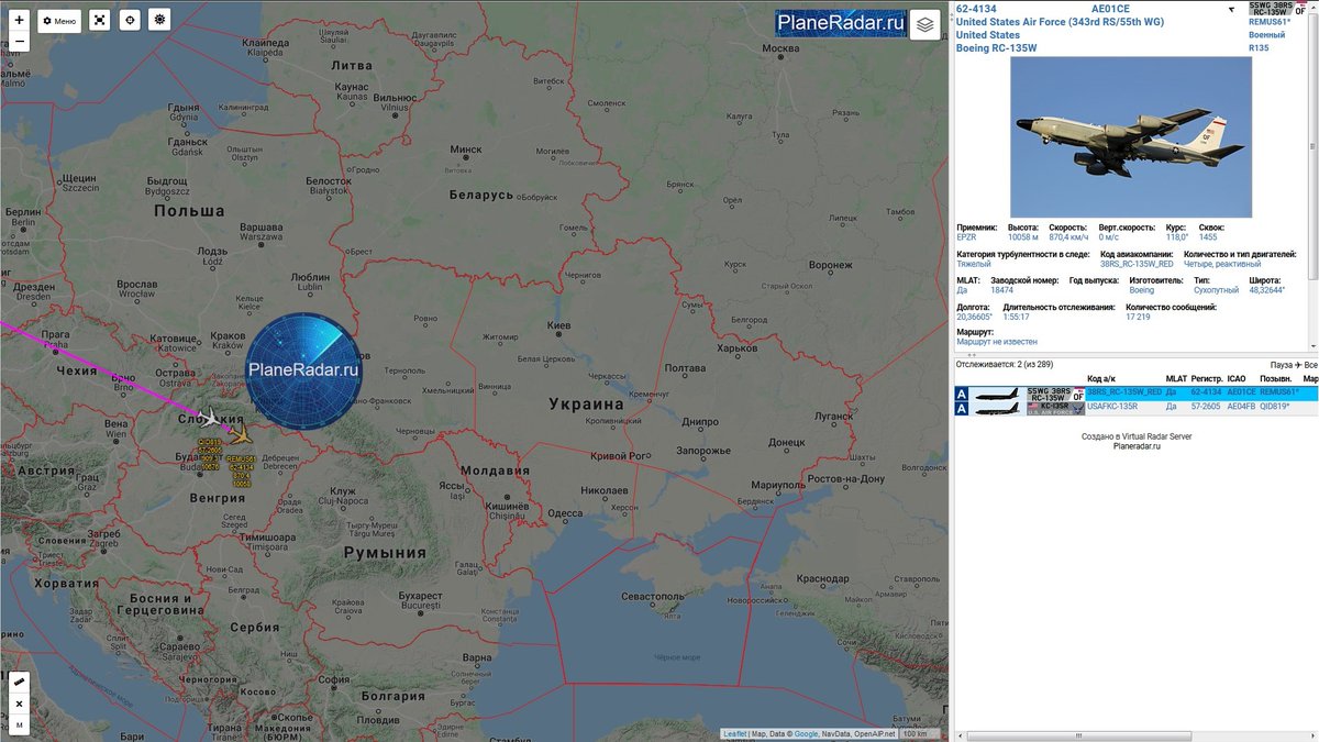 ua4wiy_'s tweet photo. 07:00 мск.
Самолёт радиоэлектронной разведки, ВВС США🇺🇸  (OF 38th RS/55th WG) , #Boeing RC-135W #Rivet #Joint, бортовой номер 62-4134 позывной #REMUS61, и самолёт заправщик Boeing KC135R б/н 57-2605,, позывной #QID819, взлетевшие с авиабазы с Милденхолл🇬🇧, в в.п. Словакии🇸🇰. https://t.co/Ja76kpmgnw