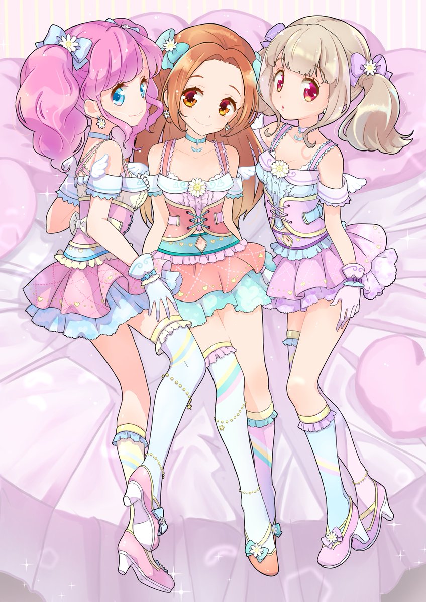 3girls multiple girls pink hair bow twintails high heels hair bow  illustration images